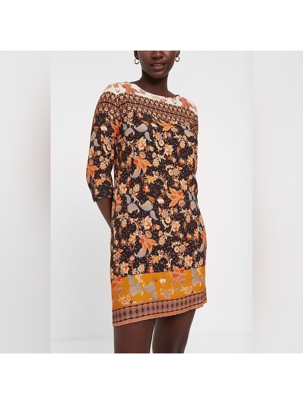 Desigugal SHORT BOHO Paula DRESS Size 42 US Large Black Multicolour 3/4 Sleeves